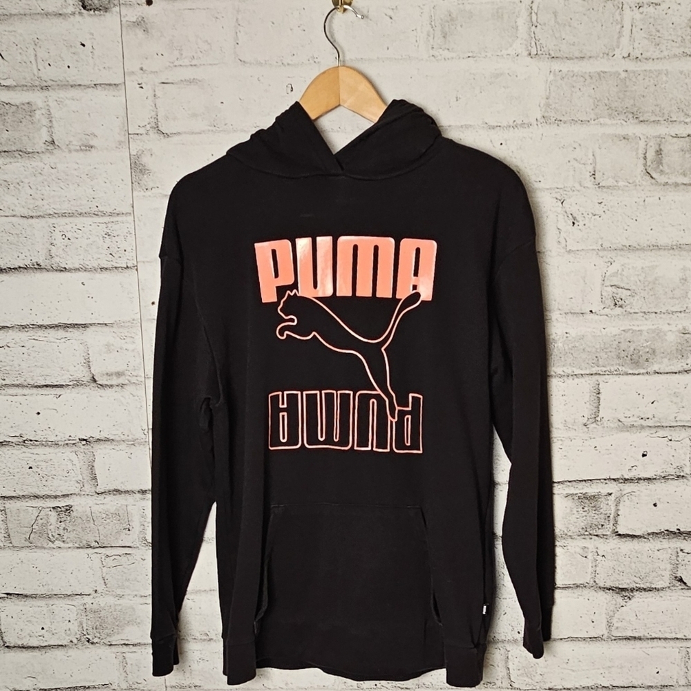 Puma Womens Black Logo Hoodie Medium Athleisure Pullover Sweatshirt